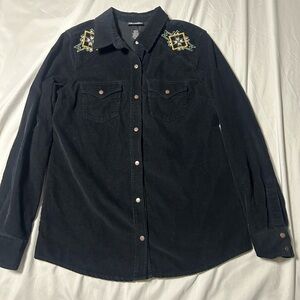 Wrangler Retro Black Corduroy Snap Shirt Embroidered Women’s Small Western Rodeo